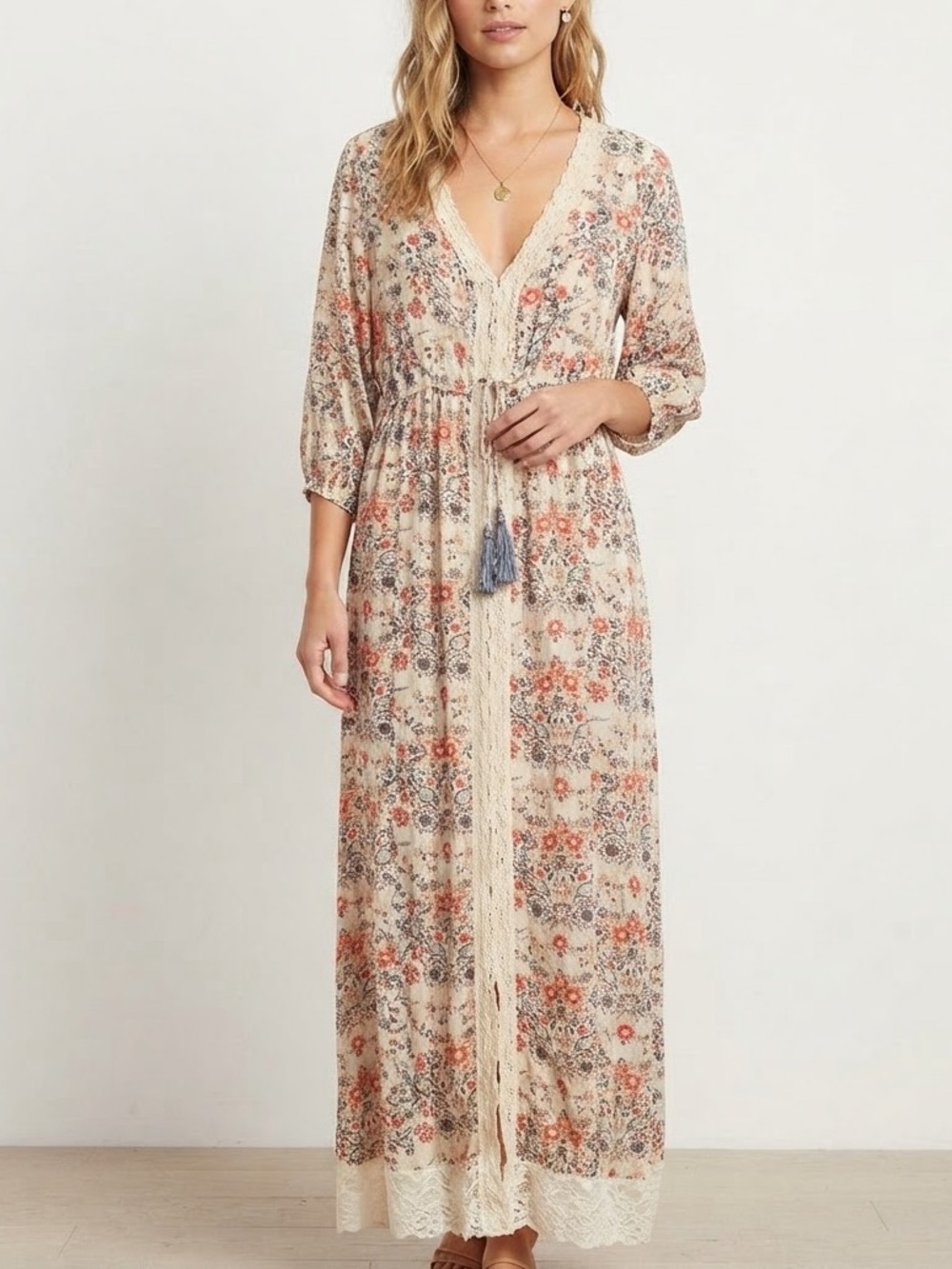Floral Lace-Trim Maxi Dress in Cream and Red
